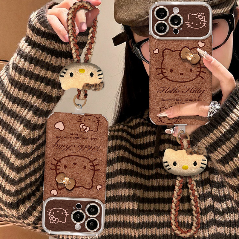 适用苹果16promax华为vivo小米oppo咖色kt挂绳视窗羊皮秋冬手机壳