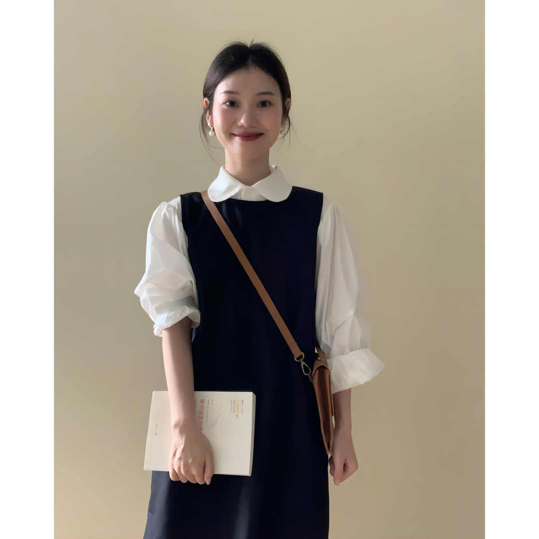 法式复古白色娃娃领衬衫女春季设计感学院风小个子衬衣背心裙套装