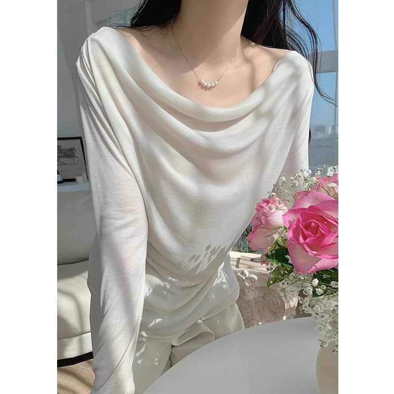 白色荡领上衣法式锁骨春秋气质高级感长袖t恤休闲风内搭打底衫女