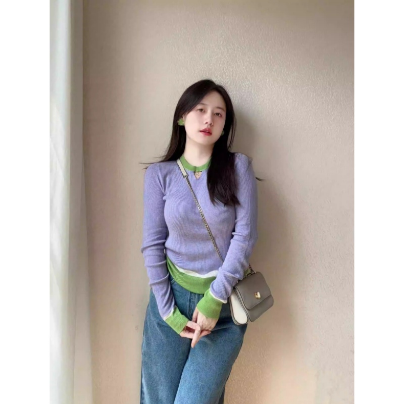 小众炸街高级感女装针织衫秋冬新款修身撞色毛衣内搭紫色打底上衣