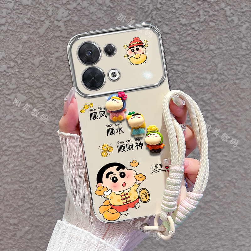 适用opporeno9手机壳reno9pro小新顺财神大视窗折叠支架+女款可爱