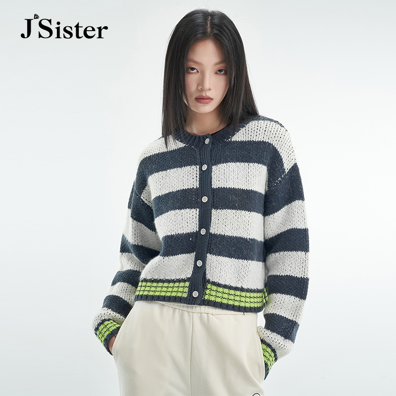 jsister秋季款 JS女装时尚简约条纹撞色通勤风针织开衫