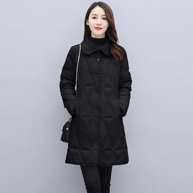 轻薄羽绒服女中长款新款珠宝店工作服菱形格娃娃领白鸭绒冬季外套