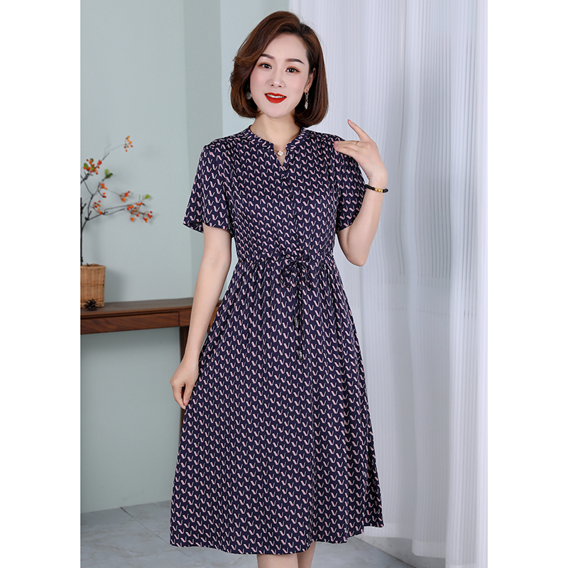 中长款连衣裙夏季印花女装大码v领显瘦法式收腰时尚图案复古气质