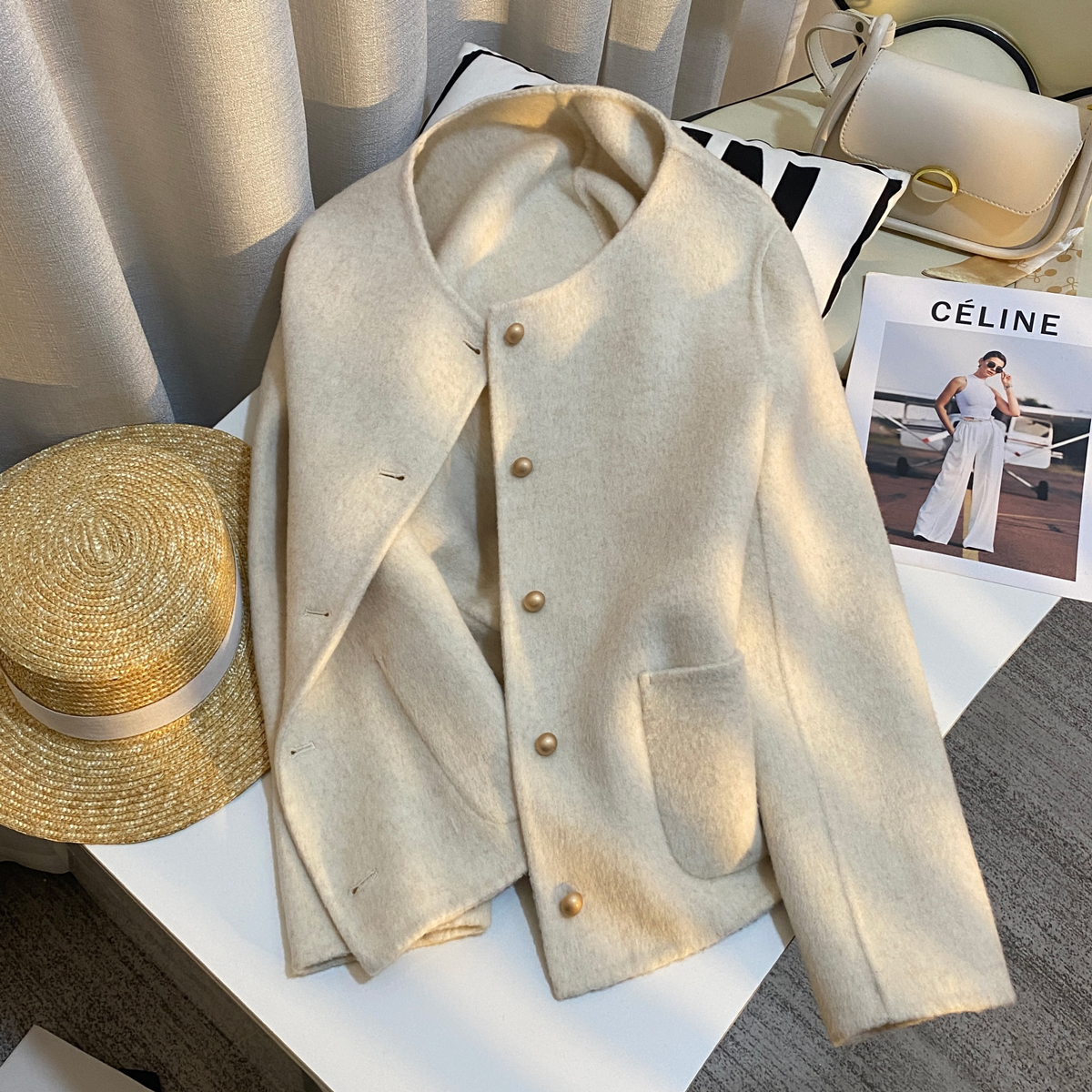 米白色双面羊绒呢短外套女轻奢冬季新款韩系流行时尚百搭呢子上衣