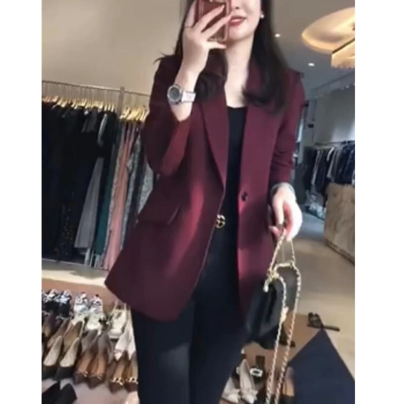 秋季新款洋气紫红色西装外套小个子职业上衣女