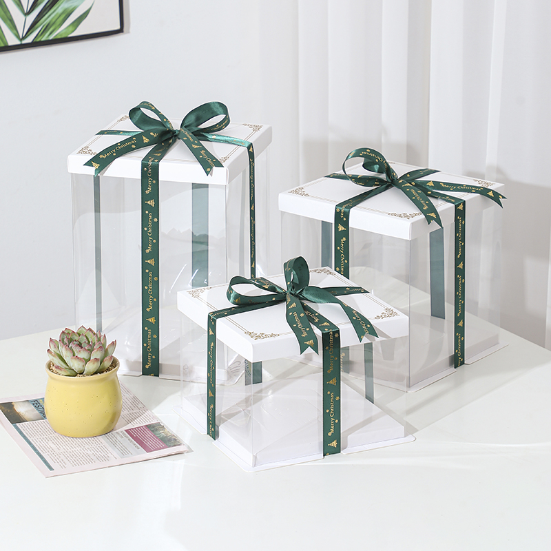 白底金边盖高档透明蛋糕盒6寸8寸10寸12寸单层双层三层网红手提盒