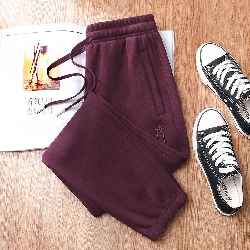 枣红色加绒针织休闲裤女秋冬高腰九分奥粒绒大码束脚长裤运动卫裤