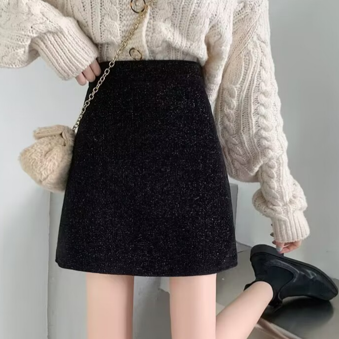【星光璀璨】秋冬半身裙女高腰显瘦黑色亮丝A字短裙小香风气质裙子