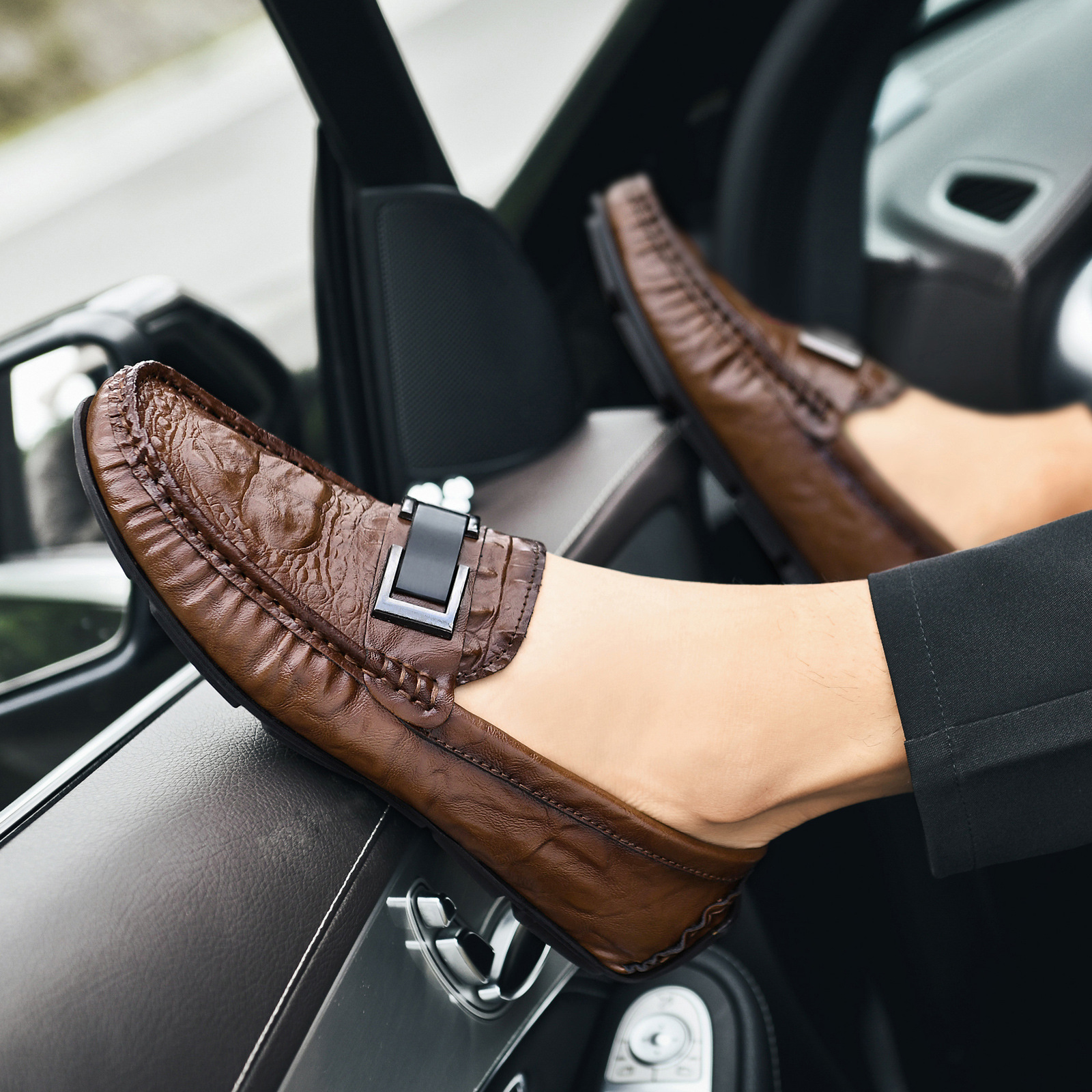 男士鳄鱼纹豆豆鞋乐福鞋懒人驾车鞋英伦休闲男皮鞋真皮牛皮软底