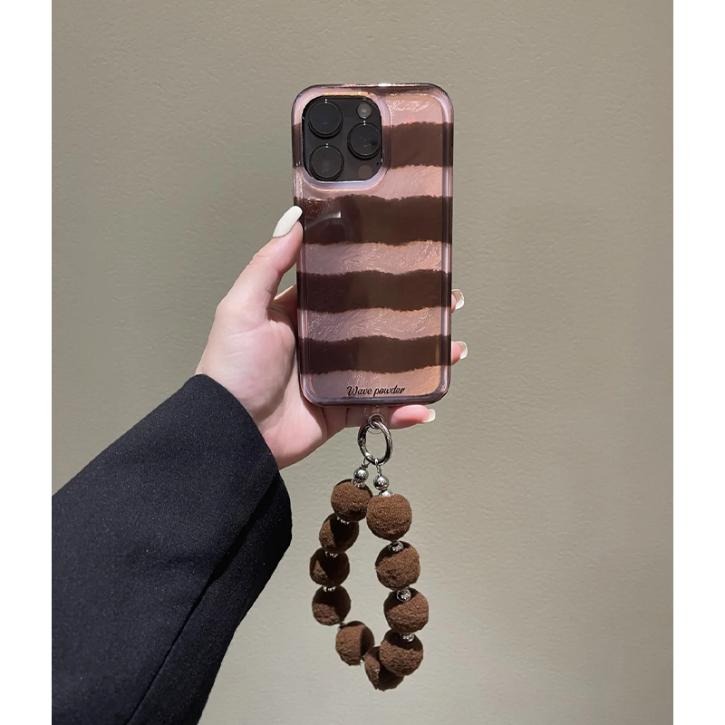 雅天立简约粉棕条纹挂链适用iPhone16手机壳苹果华为vivo小米oppo