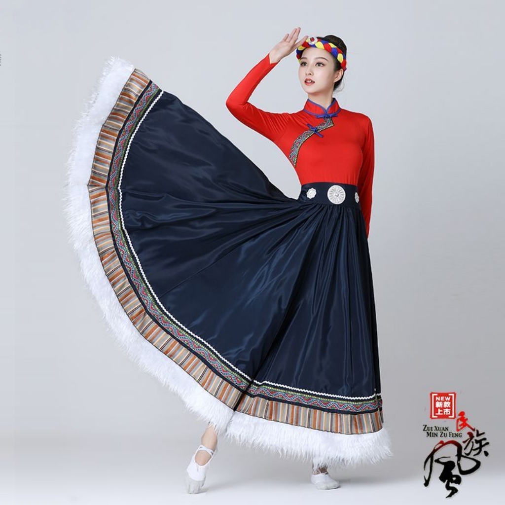 新款藏族服装民族舞蹈服大摆裙广场舞表演半身长裙学生艺考练功裙
