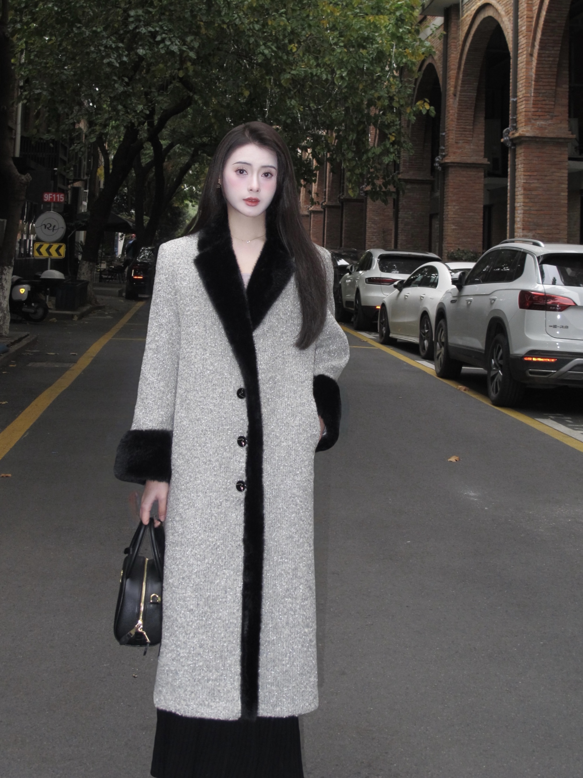 赵又真 「长夜法兰西」复古港风黑灰配色枪驳领厚外套长款羊毛大衣