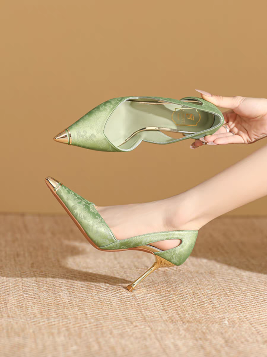 尖头高跟鞋女细跟2024新款夏季气质名媛镂空凉鞋配裙子旗袍女单鞋