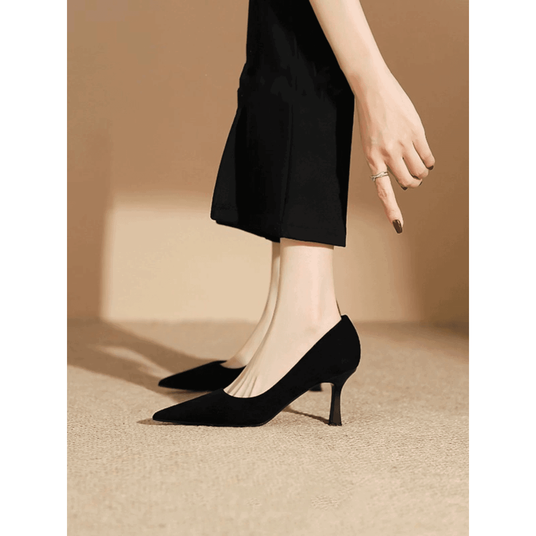 英伦风高跟鞋女2024新款法式细跟面试黑色绒面工作鞋女职业单鞋女