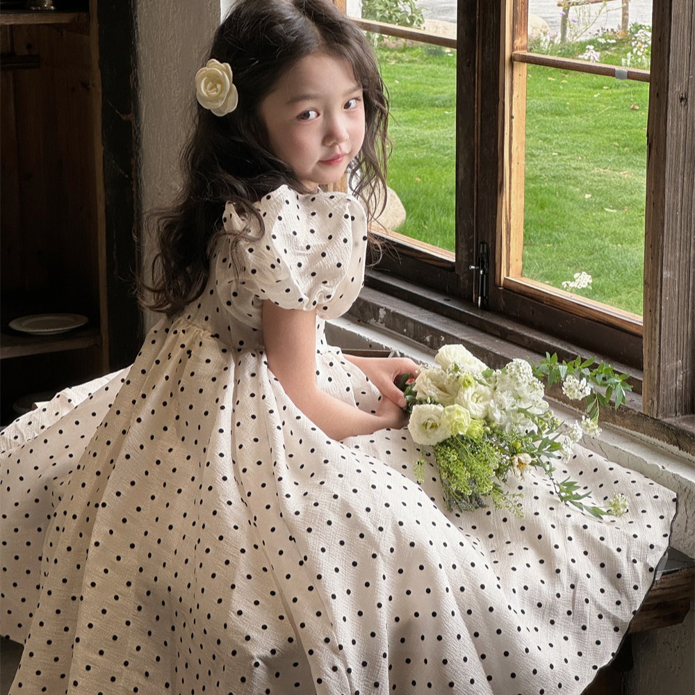 女童连衣裙2024夏高级珠光泡泡袖波点礼服长裙生日裙六一公主裙子