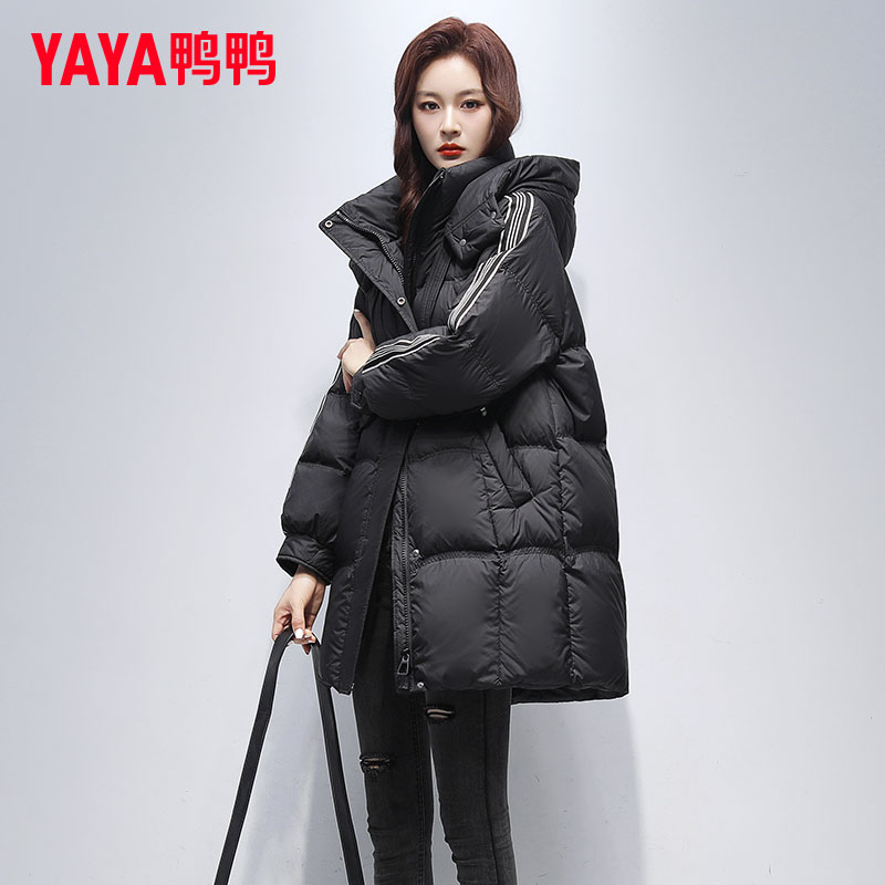 YAYA/鸭鸭羽绒服女中长款2025新款连帽条纹时尚百搭加厚保暖外套