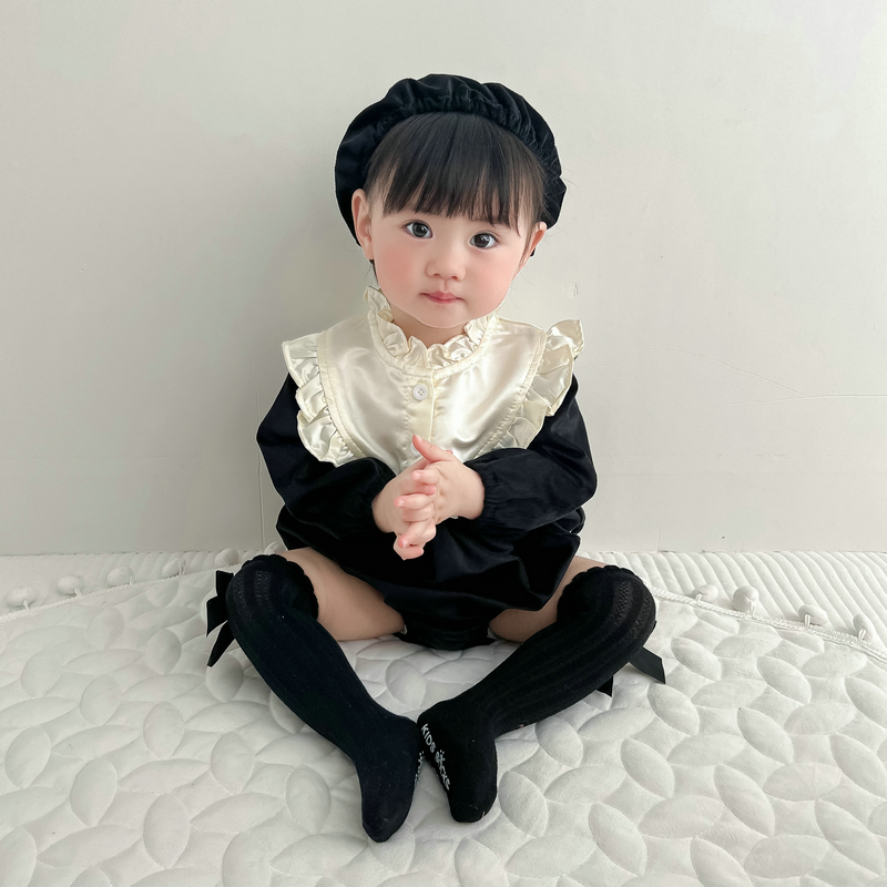 韩版童装春秋冬款女婴童柔软洋气包屁连身爬服宝宝黑色红哈衣带帽
