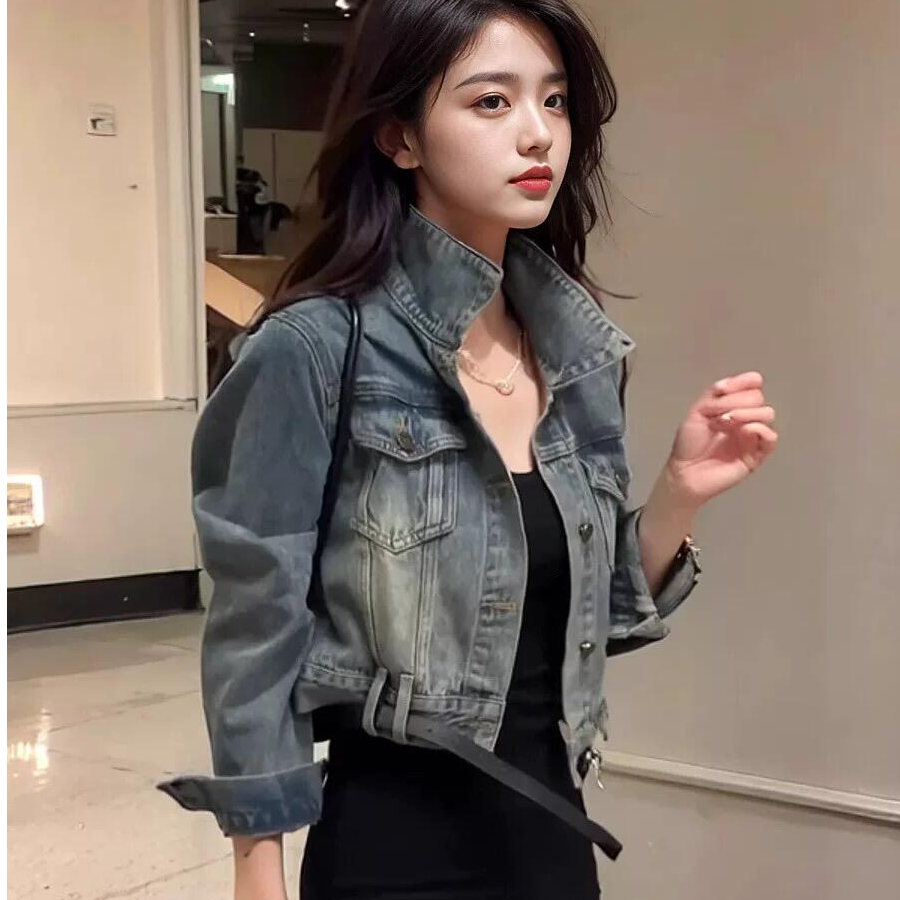 606#港风复古做旧水洗牛仔外套女秋季个性别致短款百搭夹克上衣潮