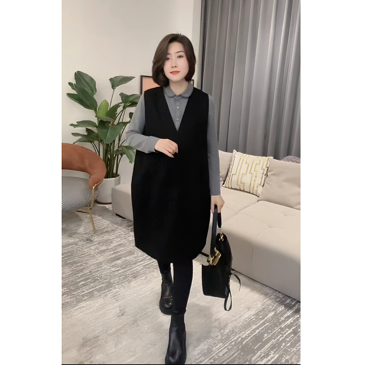 时尚简约无袖V领马甲裙2025春季新款显瘦百搭省钱风宽松连衣裙女