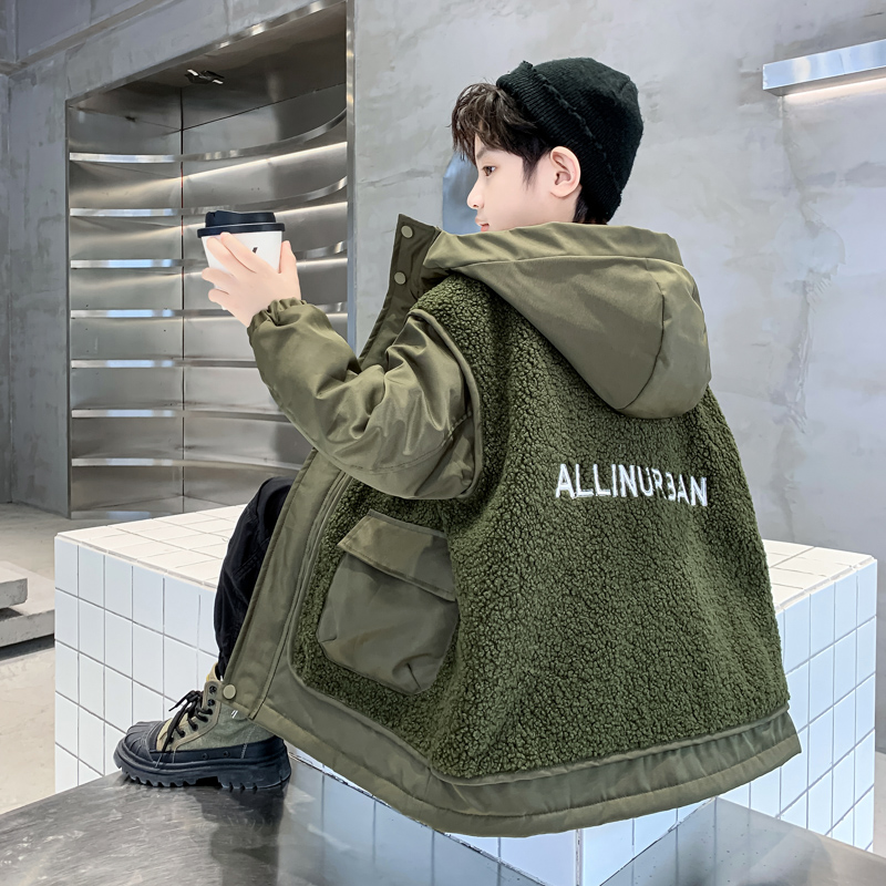 男童外套秋冬装2024新款中大童帅气潮酷加厚冬款儿童装毛毛衣加棉