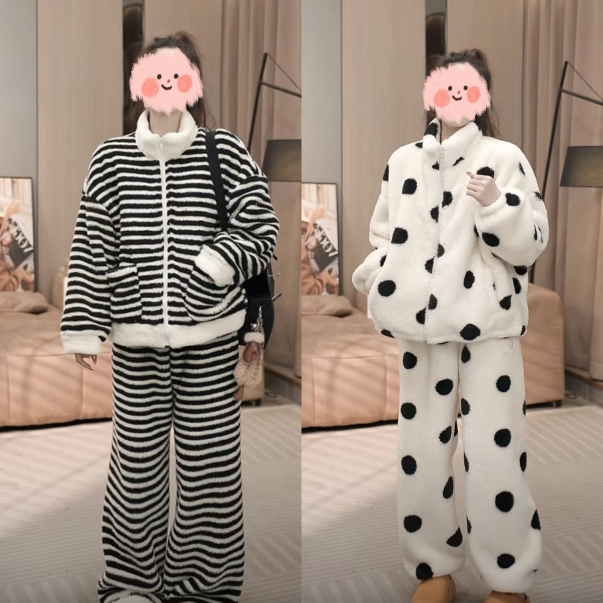 冬装上新韩版时尚简约条纹波点洋气冬季加绒加厚睡衣家居服套装