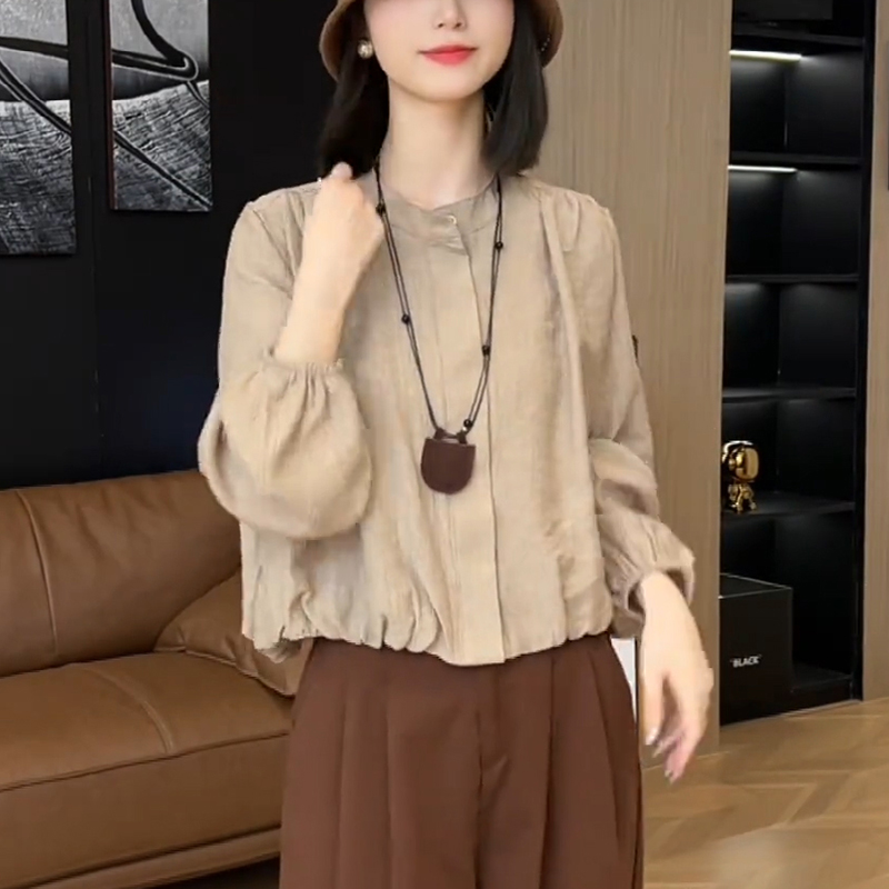 气质时尚减龄皱褶设计显瘦衬衫女春秋爆款遮肉百搭单排扣圆领外套
