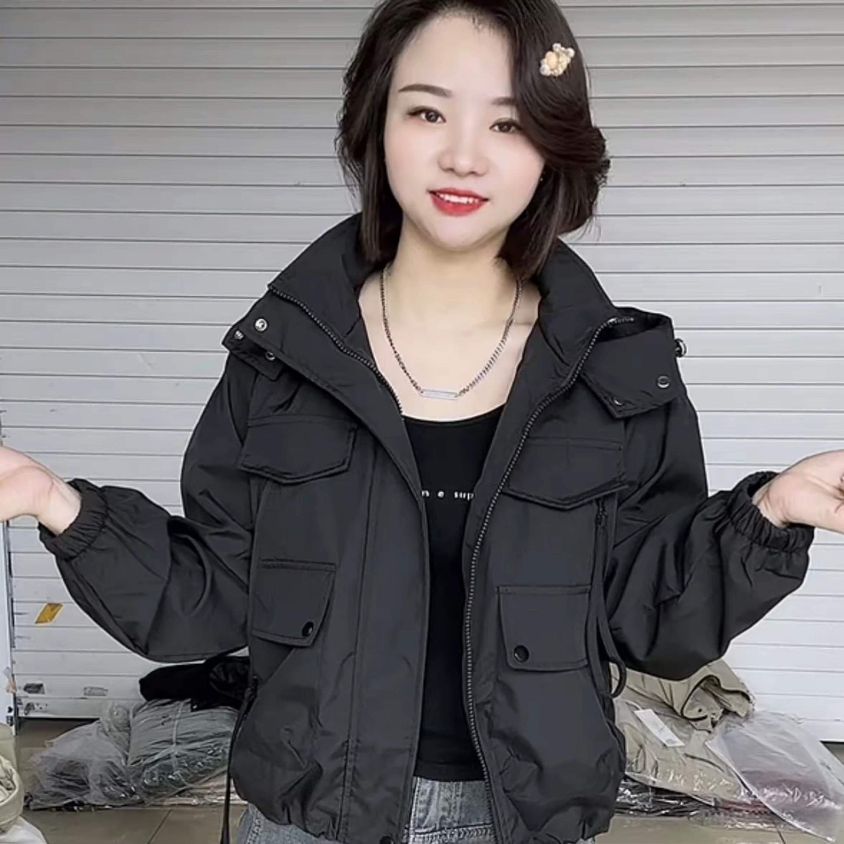 美式连帽女上衣高档洋气双口袋拉链开衫风衣外套连帽减龄长袖外穿