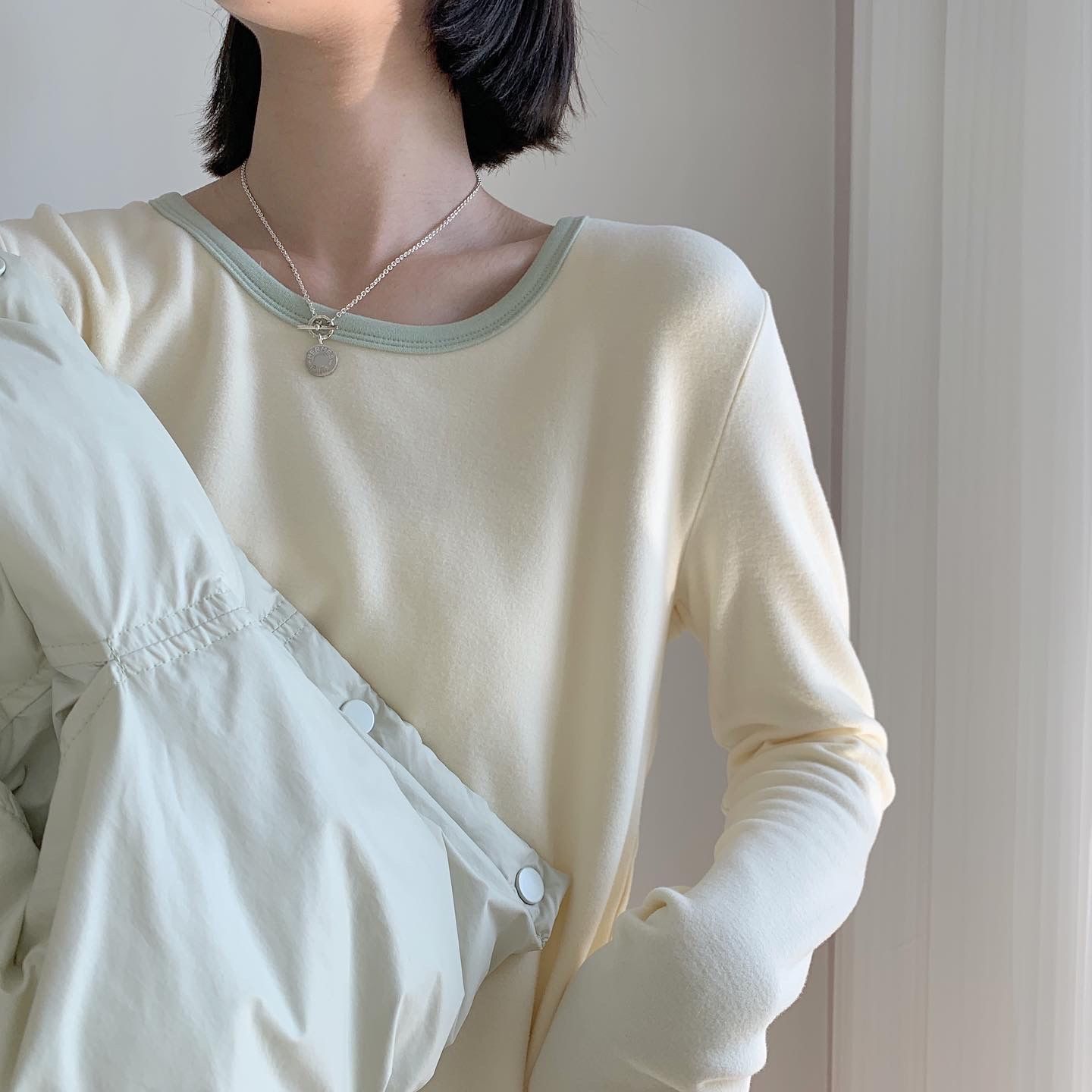 奶油拼色磨毛双面德绒家居服内搭秋冬季加厚保暖圆领百搭长袖睡衣