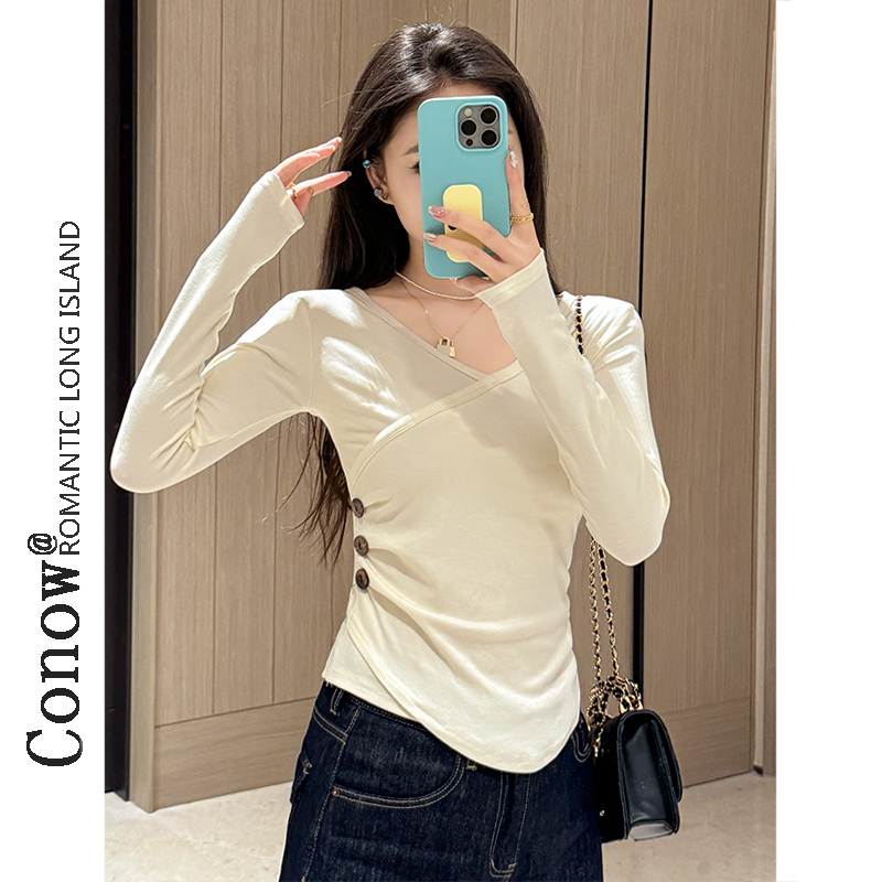 时尚春季设计感长袖T恤女春秋款掐腰修身显瘦纯欲打底衫