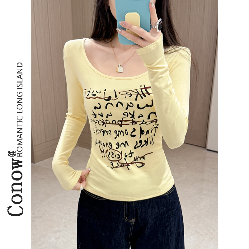 u领纯欲字母印花长袖T恤女内搭穿搭打底衫大领口辣妹紧身上衣