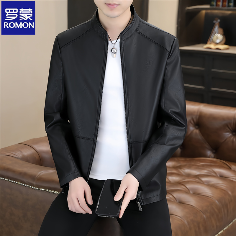 Romon/罗蒙秋冬新款男装高档皮衣休闲时尚立领皮夹克修身男士外套