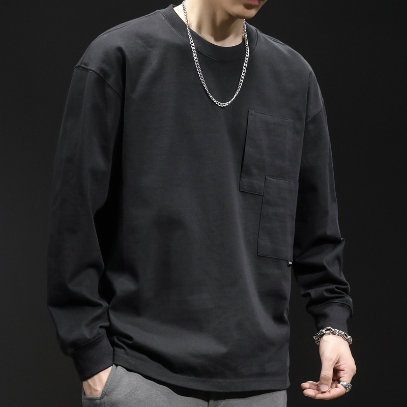 秋季长袖t恤男ins潮牌纯棉宽松大码2025新款男士黑色打底内搭上衣