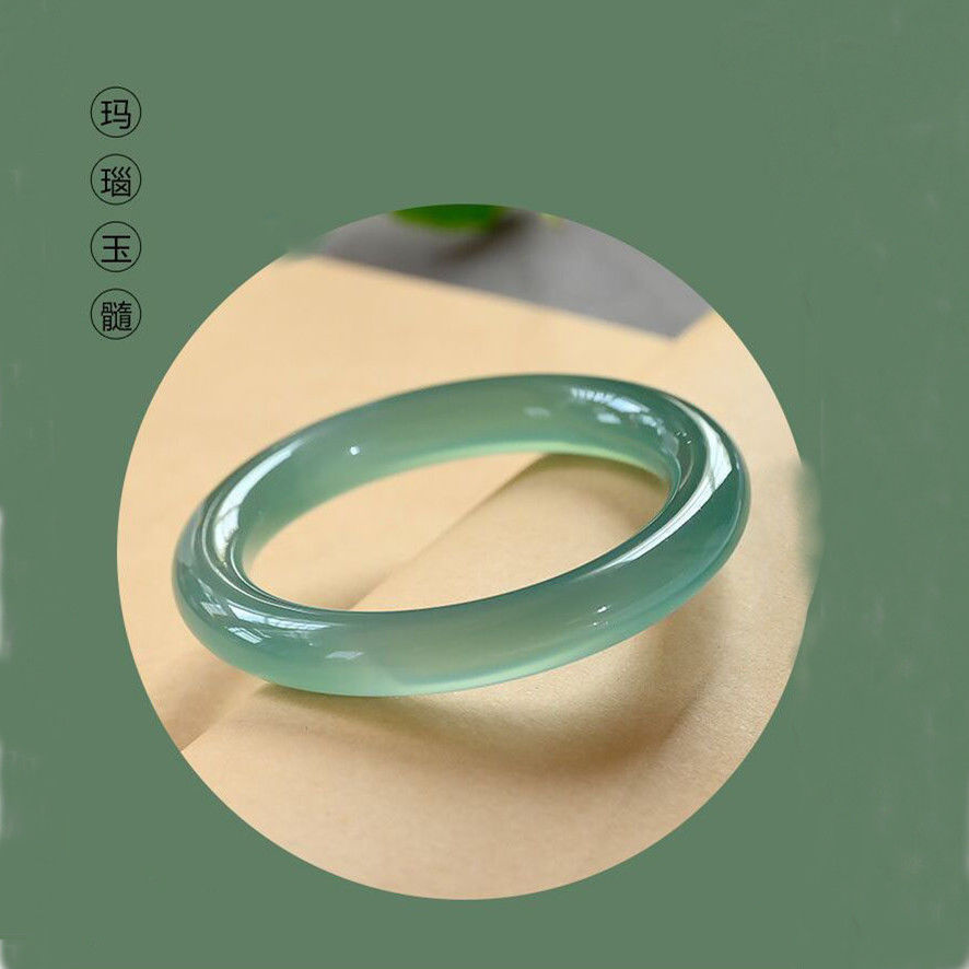 天然青绿玛瑙玉髓手镯古风远山黛湖水绿圆条镯子绿色扁条清新小众