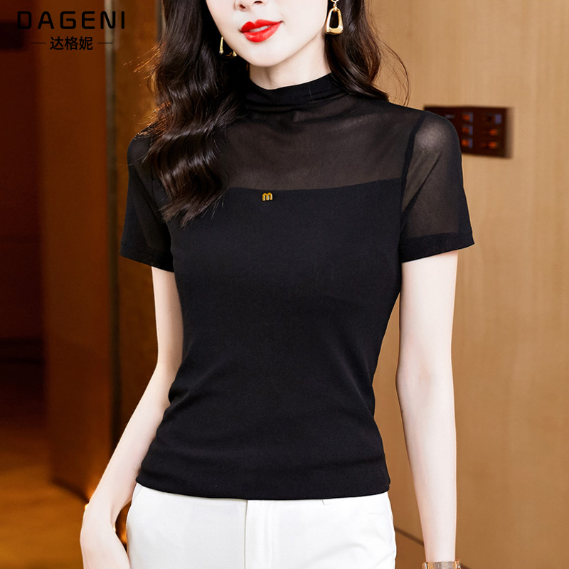 时尚半高领网纱短袖t恤打底小衫女2025夏季新款洋气减龄蕾丝上衣