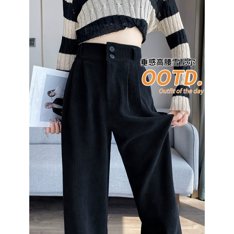加绒雪尼尔阔腿裤女秋冬2025新款小个子高腰垂感直筒窄版拖地裤子