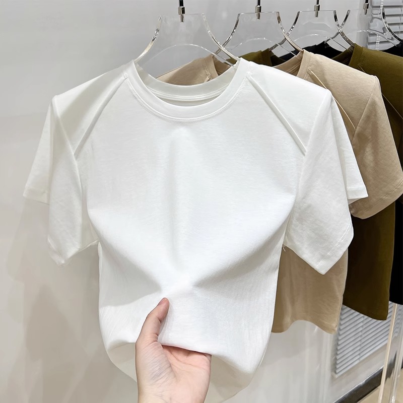 正肩白色短袖t恤女夏季2025新款垫肩小众设计感鱼骨宽松上衣女潮