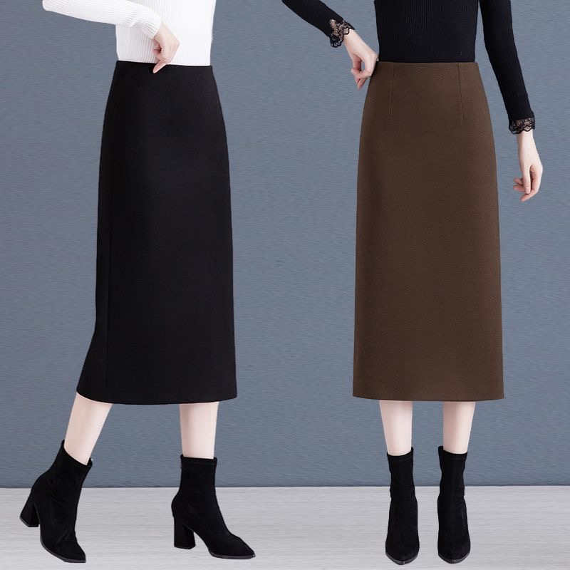 毛呢半身裙女2025年秋冬新款高腰百搭遮胯职业显瘦A字包臀一步裙