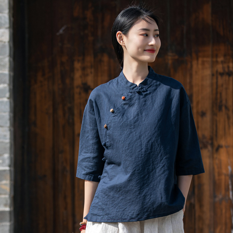 小个子禅修打坐居士服女夏季中式唐装复古盘扣茶服文艺风斜襟上衣