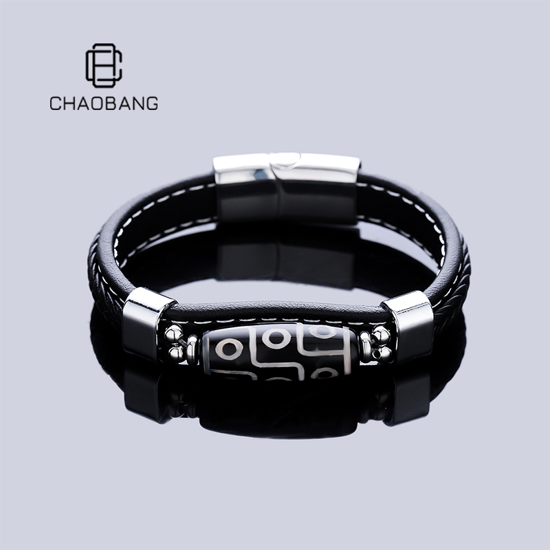 chaobang/潮邦 钛钢陶瓷手链 藏式九眼皮革编织手链男转运珠配饰