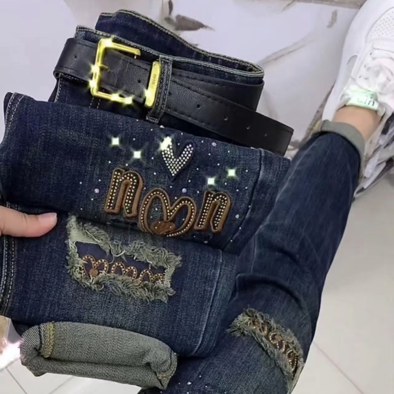 87410秋季新款重工刺绣时尚牛仔百搭老爹裤（腰带随机）