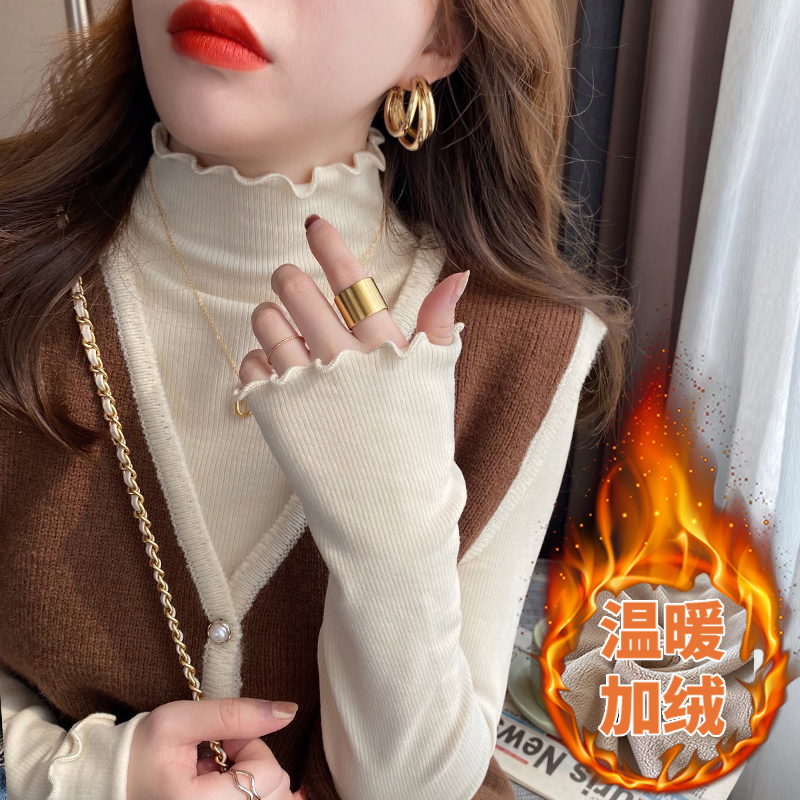 白色木耳边打底衫2025年外穿新款半高领上衣加绒内搭高档洋气女装