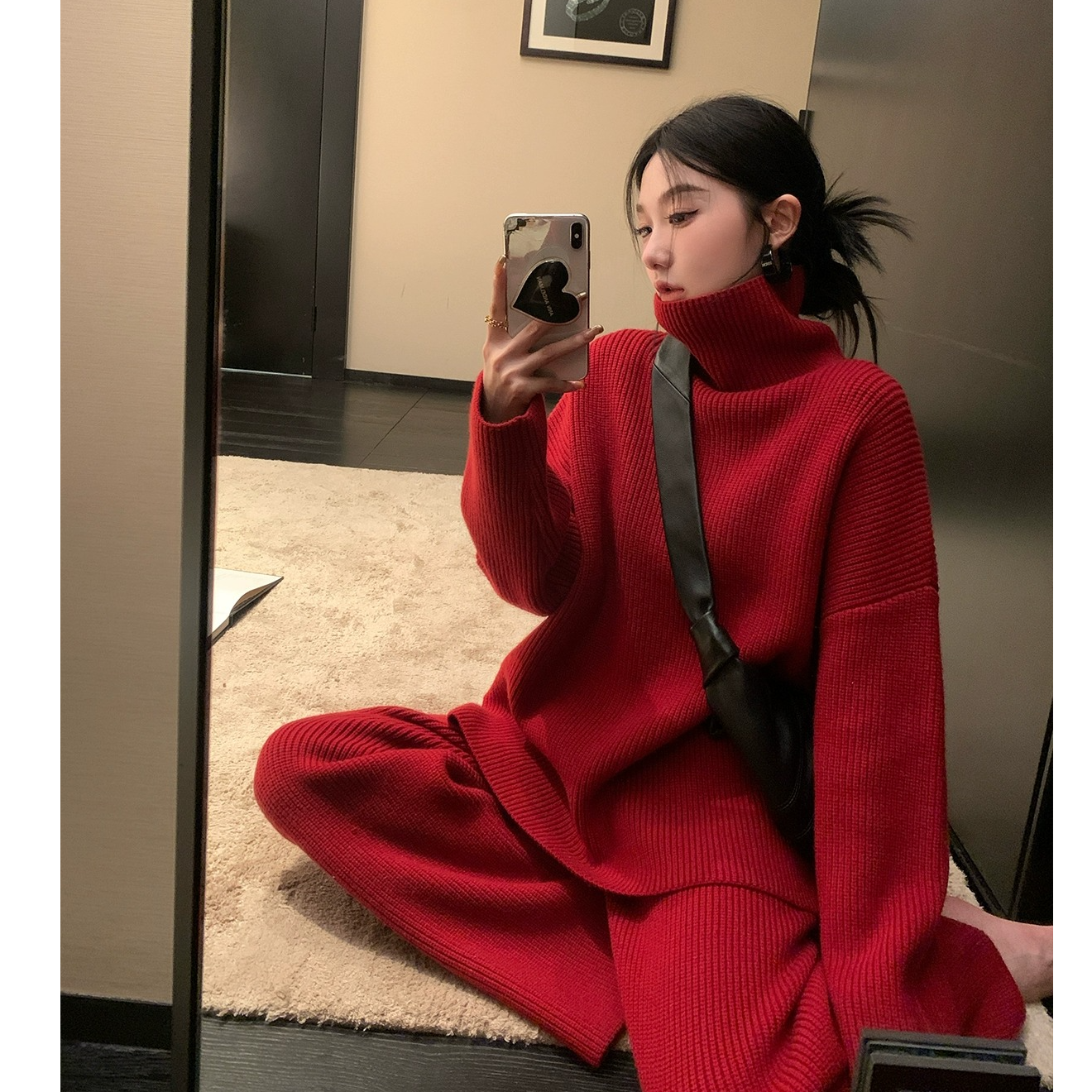 红色高领毛衣阔腿裤套装女秋冬新款内搭打底衫长裤时尚两件套潮