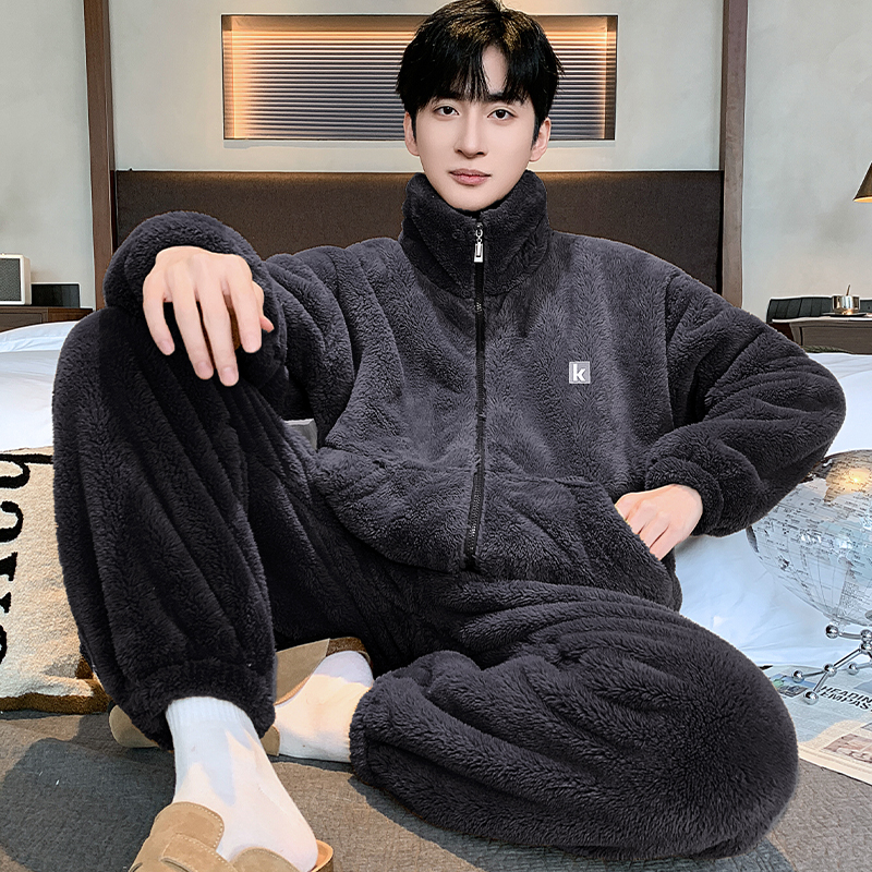 男大码可外穿秋冬新款雪花绒宽松加绒加厚暖绒保暖家居服睡衣套装