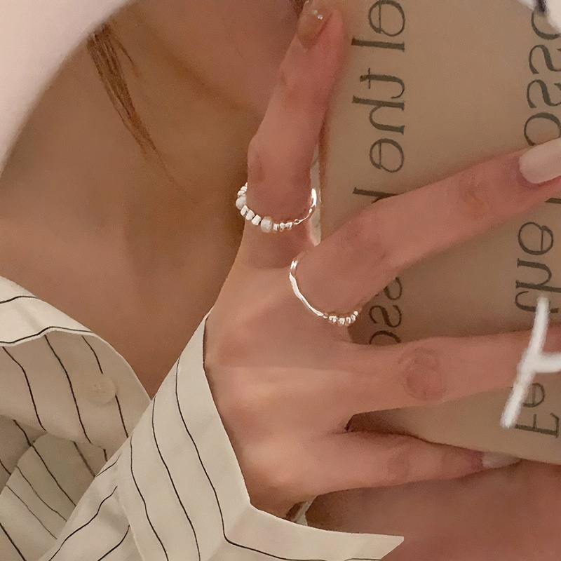 轻奢小众设计感不规则波浪串珠拼接戒指女弹力绳可调节指环叠戴女