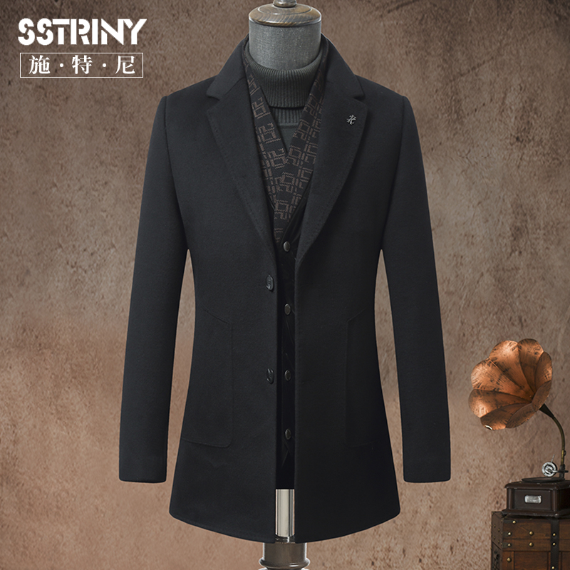 秋冬鹅绒内胆加厚毛呢大衣男中长款冬季新款西装呢子领羊毛呢外套