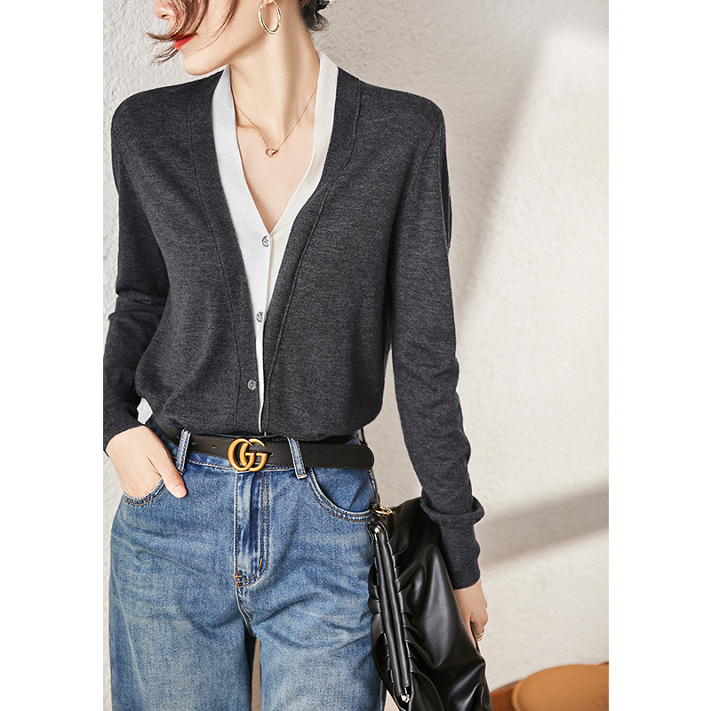 鼎奢巴素兰绵羊毛针织衫 舒适保暖假两件叠领撞色小开衫女25秋季