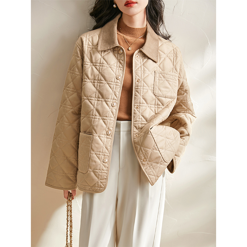 好品质 时髦绗缝菱格 翻领灯芯绒 薄款保暖棉服女款爆款2025新款