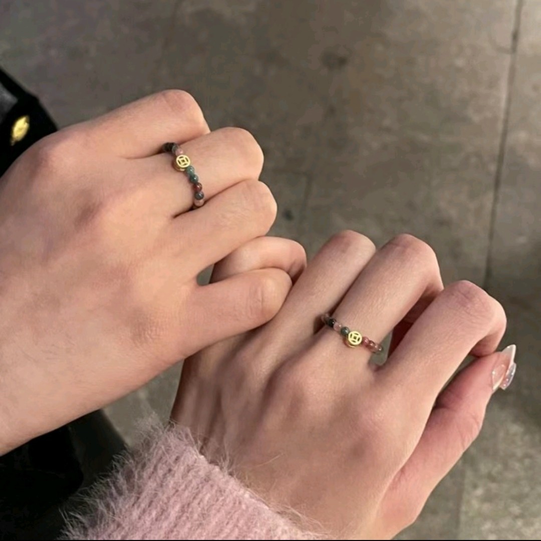 钛钢戒指 彩色钱币串珠戒指手工编织新中式小众ins高级可调节指环