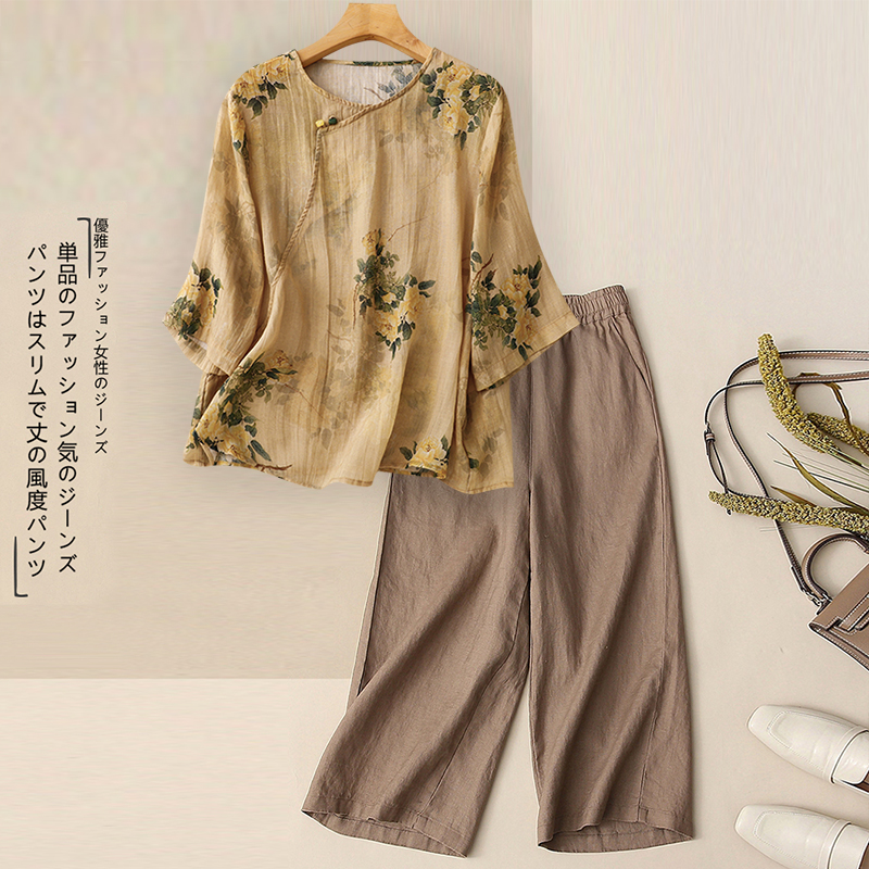 大码女士夏装棉麻休闲套装中年妈妈洋气亚麻国风衬衫阔腿裤两件套